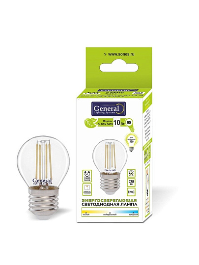 Лампа светодиодная E27, 12 Вт, 170-260 В, шар, 2700 К, теплый белый свет, General Lighting Systems, Филамент GLDEN-G45S-12-230, прозрачное стекло, 661012