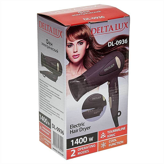 Фен Delta Lux, DL-0936, 1400 Вт, холодный обдув, складная ручка, 3 режима, 2 скорости, коричневый с золотым