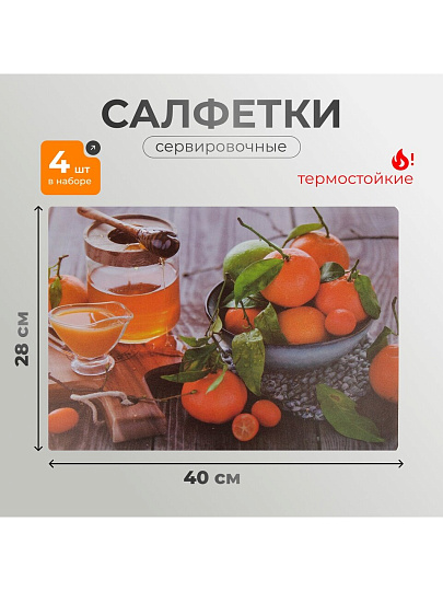 Набор салфеток пластик, 40х28 см, прямоугольный, 4 шт, для стола, Мандарины, Y4-9157