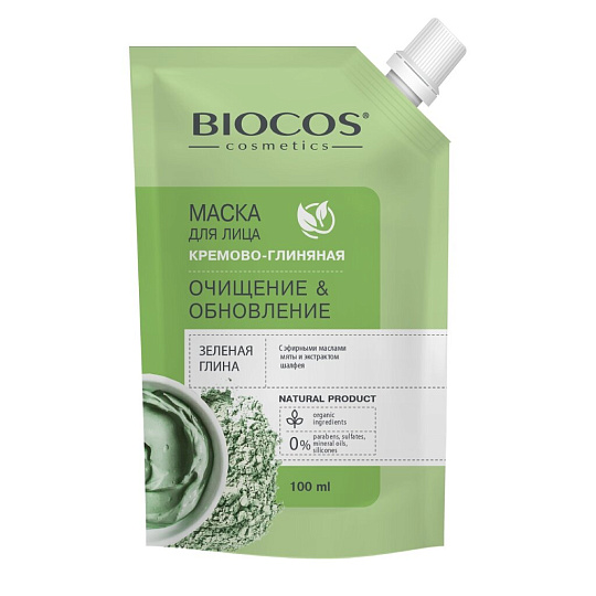 Маска для лица, Biocos, Очищение и Обновление, на основе зеленой глины, 100 мл