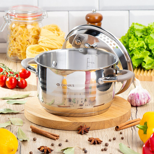 Кастрюля нержавеющая сталь, 2.9 л, с крышкой, крышка стекло, Daniks, Нара, GS-01413HY-18CA-2, серебряная, индукция
