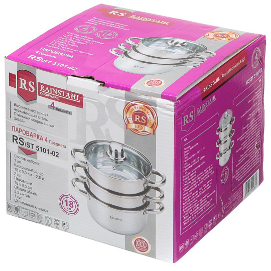 Пароварка нержавеющая сталь, 5.5 л, 4 секции, Rainstahl, Berlinger, крышка стекло, индукция, 5101-02RS\ST