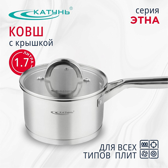 Ковш нержавеющая сталь, 1.7 л, крышка стекло, ручка нержавеющая сталь, индукция, Катунь, Этна, КТ21-К