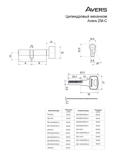 Личинка замка двери Avers, ZM-90(40C/50)-C-CR, 22794, ЦАМ, 90 мм, хром