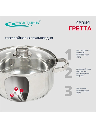 Кастрюля нержавеющая сталь, 4.2 л, крышка стекло, Катунь, Гретта, КТ04-D-40, индукция