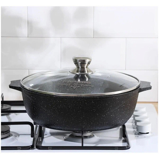 Жаровня алюминий, 28 см, 4 л, антипригарное покрытие, Мечта, Гранит black Induction Pro, черная, 34802И, с крышкой, индукция