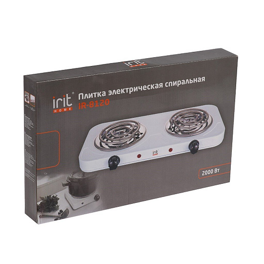 Плита электрическая Irit, IR-8120, 2000 Вт, 2 конфорки, спираль, эмаль, механическая, переключатель поворотный, белая