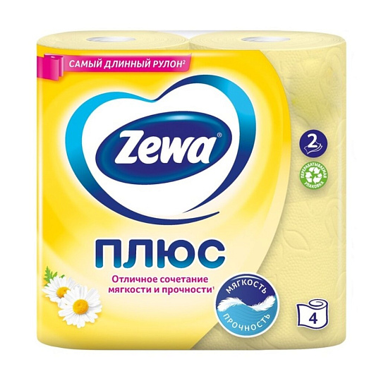 Туалетная бумага Zewa, Ромашка, 2 слоя, 4 шт, 23 м, с втулкой, желтая