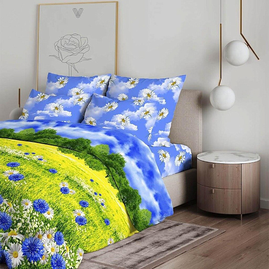 Постельное белье 2-спальное, простыня 200х216 см, 2 наволочки 70х70 см, пододеяльник 175х215 см, Василиса, бязь, Васильковое поле 4268/1