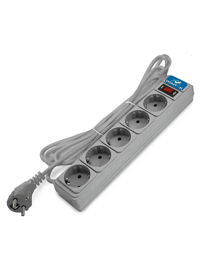 Сетевой фильтр 5 гнезд, 5 м, ПВС, 3х1 мм², с заземлением, 10 А, выключатель с индикацией, серый, Domtok, 2534