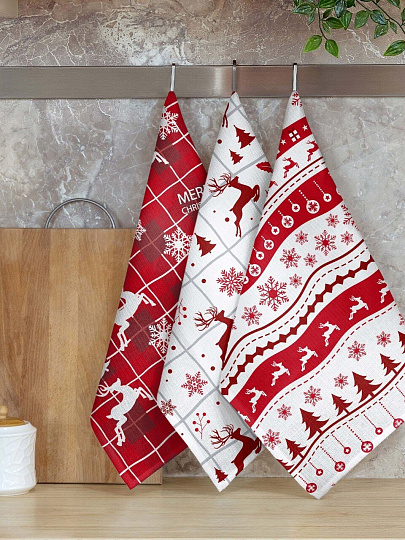 Полотенце кухонное вафельное, 45х60 см, 100% хлопок, Самойловский текстиль, Рождественские олени, Россия
