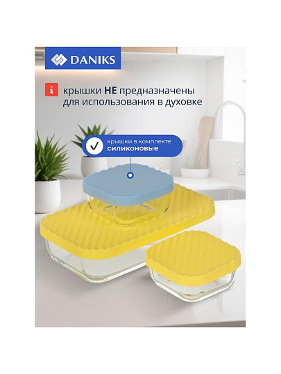 Набор посуды жаропрочной стекло, 3 шт, 0.65, 0.2, 0.2 л, прямоугольный, с крышкой, Daniks, HSFA-001