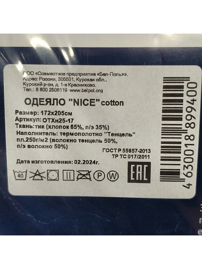 Одеяло 2-спальное, 172х205 см, Nice, тенсель, 250 г/м2, всесезонное, чехол 100% хлопок, кант, Бел-Поль