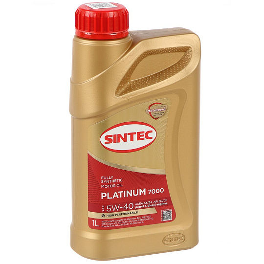 Масло моторное синтетическое, 5W40, Sintec, Platinum 7000, A3/B4 SN/CF, 1 л, 600138
