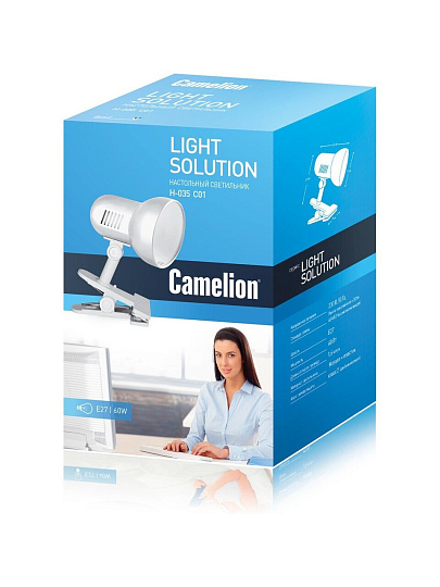 Светильник настольный на прищепке, E27, 40 Вт, белый, абажур белый, Camelion, H-035 C01