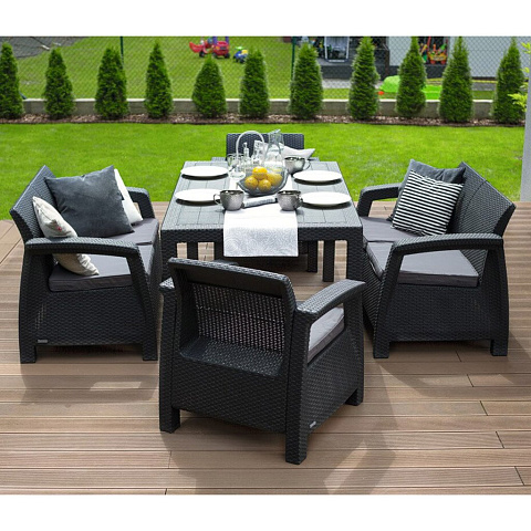 Мебель садовая Corfu Fiesta, стол, 161х95х75 см, 2 кресла, 2 дивана, подушка графит, 200 кг, 17198008 РОС/ГРАФИТ