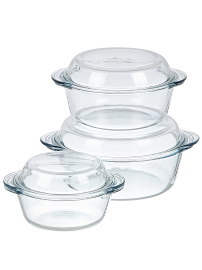Набор форм для запекания жаропрочное стекло, 3 шт, 0.84, 1.45, 2.1 л, 16х19х10, 19х22х10.5, 22х26х11.5 см, круглый, с крышкой, Borcam, 159021