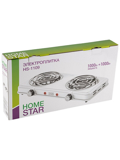Плита электрическая Homestar, HS-1109, 2000 Вт, 2 конфорки, спираль, эмаль, механическая, переключатель поворотный, белая