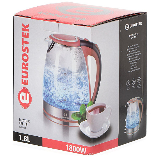 Чайник электрический Eurostek, EEK-3021, красный, 1.8 л, 1800 Вт, скрытый нагревательный элемент, LED подсветка, стекло