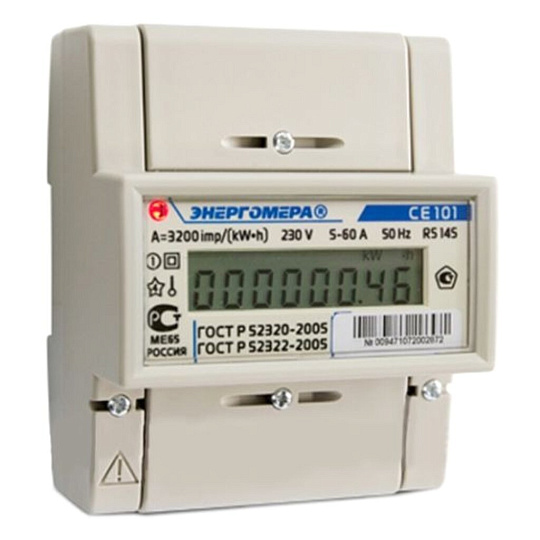 Счетчик электроэнергии Энергомера, CE101, 1 фаза, 5 А, 60 А, 1 класс точности, 122216/101001003009471