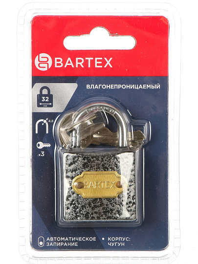 Замок навесной BARTEX чугунный 32мм Влагонепроницаемый, блистер, 3 ключа, 504659