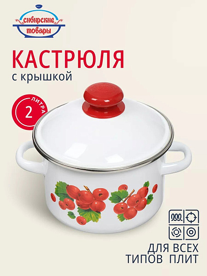 Кастрюля эмалированная сталь, 2 л, крышка сталь, цилиндрическая, Сибирские товары, Калина красная, 1MD161M, индукция