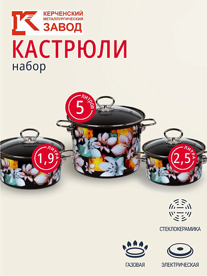 Набор посуды эмалированная сталь, 6 предметов, кастрюли 1.9,2.5,5 л, индукция, Керченский металлургический завод, Адель 5-1 Элит