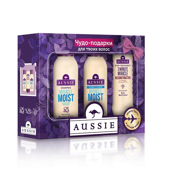 Подарочный набор Aussie MiracleMoist (шампунь, 90 мл + бальзам-ополаскиватель, 90 мл + реконструктор волос, 75 мл)