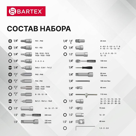 Набор слесарных инструментов Bartex, Промо, 1/2", 1/4", сталь, кейс, 94 предмета