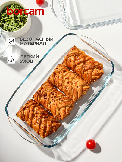 Кастрюля стекло, 19х29х7 см, 2.75 л, прямоугольная, с крышкой, Borcam, 59010