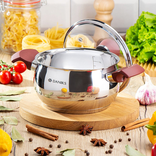Кастрюля нержавеющая сталь, 1.9 л, крышка стекло, Daniks, Орлея, GS-01159P-16CA, индукция
