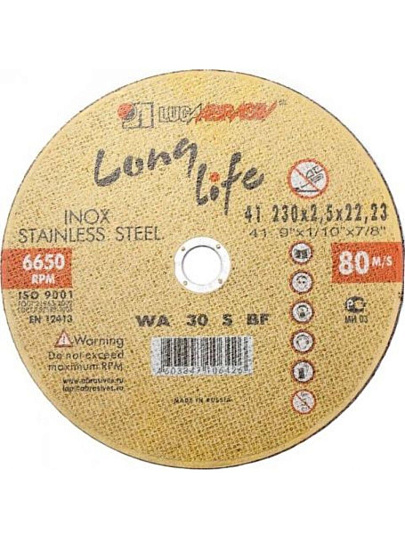 Круг отрезной по металлу, LugaAbrasiv, Long life, BF, диаметр 230х2.5 мм, посадочный диаметр 22.23 мм, зернистость A30, S 80 м/с