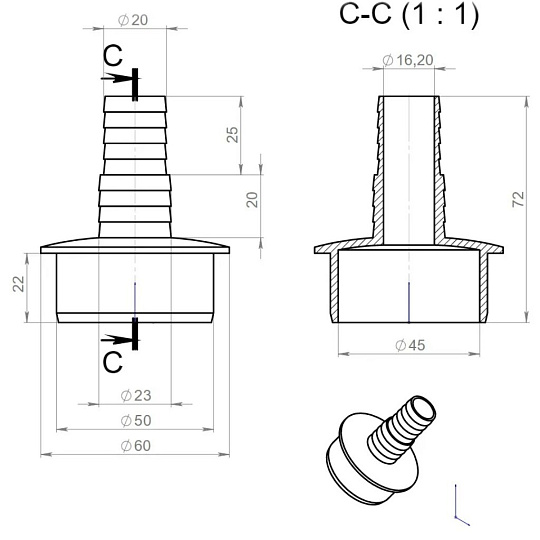 Штуцер для сливных шлангов, 20/22х50 мм, Orio, А-5150