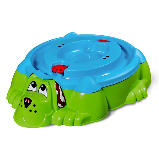 Песочница пластик, 116.5х65.5х26 см, съемная крышка, голубой, зеленая, PalPlay, Собачка, П-374