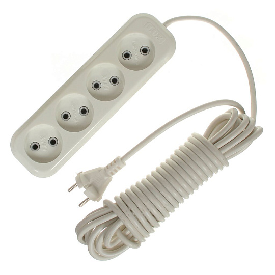 Удлинитель бытовой 4 гнезда, 7 м, ПВС, 2х0.75 мм², без заземления, 10 А, 250 В, Lux, У4-О-07