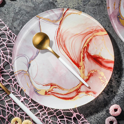 Тарелка десертная, стекло, 18 см, круглая, Флюид, Daniks, розовая