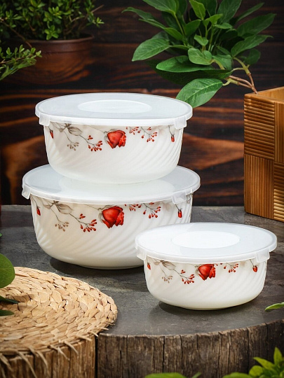 Салатник стеклокерамика, круглый, 3 шт, 9 см, 14. 16. 19 см, 0.5, 0.8, 1.4 л, с крышкой, Вероника, Daniks