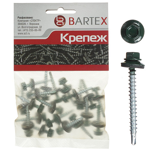 Саморез кровельный, диаметр 4.8х50 мм, 15 шт, зеленый, пакет, Bartex