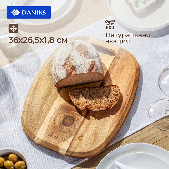 Доска разделочная акация, 36х26.5х1.8 см, с ручкой, прямоугольная, Daniks, CB27936A