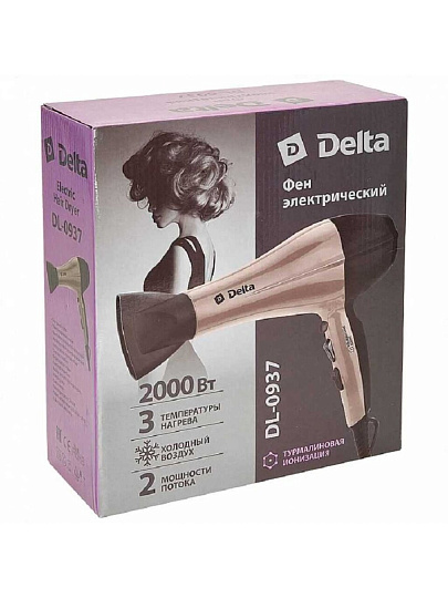 Фен Delta, DL-0937, 2000 Вт, холодный обдув, 3 режима, 2 скорости, черный с бежевым