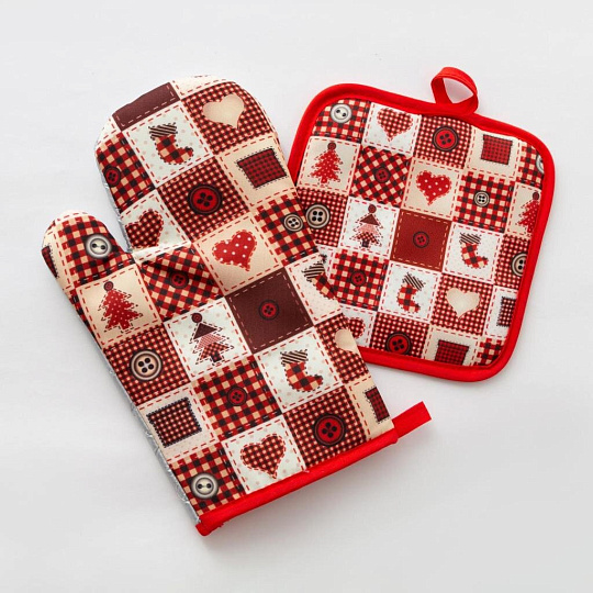 Набор кухонный 2 шт, 26х16 см + 17х17 см (варежка, прихватка), 100% полиэстер, Доляна, Новый год, 4902057