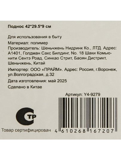 Поднос пластик, 42*29.5*9, Y4-9279
