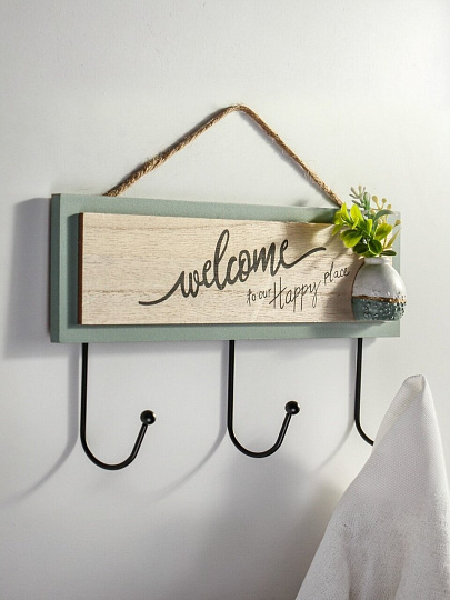 Ключница Welcome, 32.8х15 см, МДФ, 3 крючка, на декоративном панно, настенная, A200169