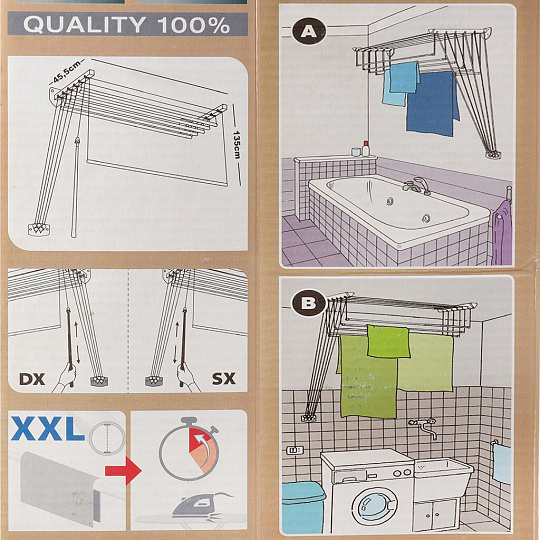 Сушилка для белья настенная, полотно 6 м, 100х45.5х135 см, складная, 6 прутьев, 12 кг, Gimi, Lift 100, 1046010300011