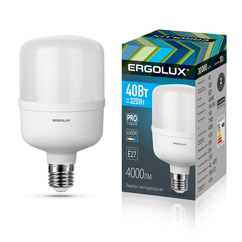 Лампа светодиодная E27, 40 Вт, 320 Вт, 150-260 В, цилиндрическая, 4500 К, свет холодный белый, Ergolux, LED-HW-40 PRO