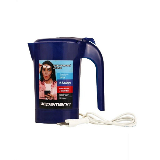 Чайник электрический Vepsmann, VN-102, синий, 0.5 л, 500 Вт, открытый нагревательный элемент, пластик