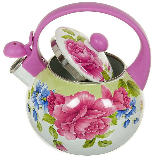 Чайник сталь, эмалированное покрытие, 2.2 л, со свистком, ручка пластиковая, Aurora, Пион, 1903