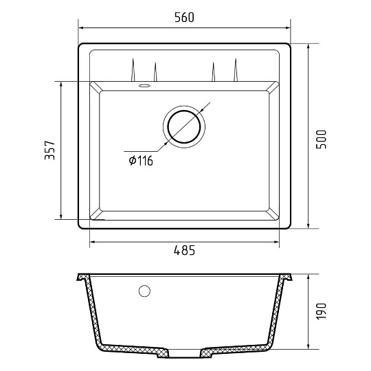 Мойка кухонная врезная, GranFest, Quadro, искусственный мрамор, 558х498 мм, + сифон, серая, GF-Q-561