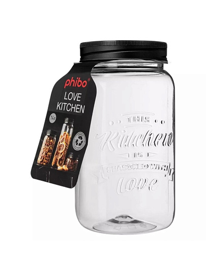 Банка пластик, 1.4 л, 10х10х19 см, с крышкой, с эмбоссингом, Бытпласт, Love Kitchen, 440200113, черная