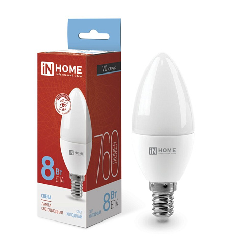 Лампа светодиодная E14, 8 Вт, 230 В, свеча, 6500 К, свет холодный белый, In Home, LED-СВЕЧА-VC